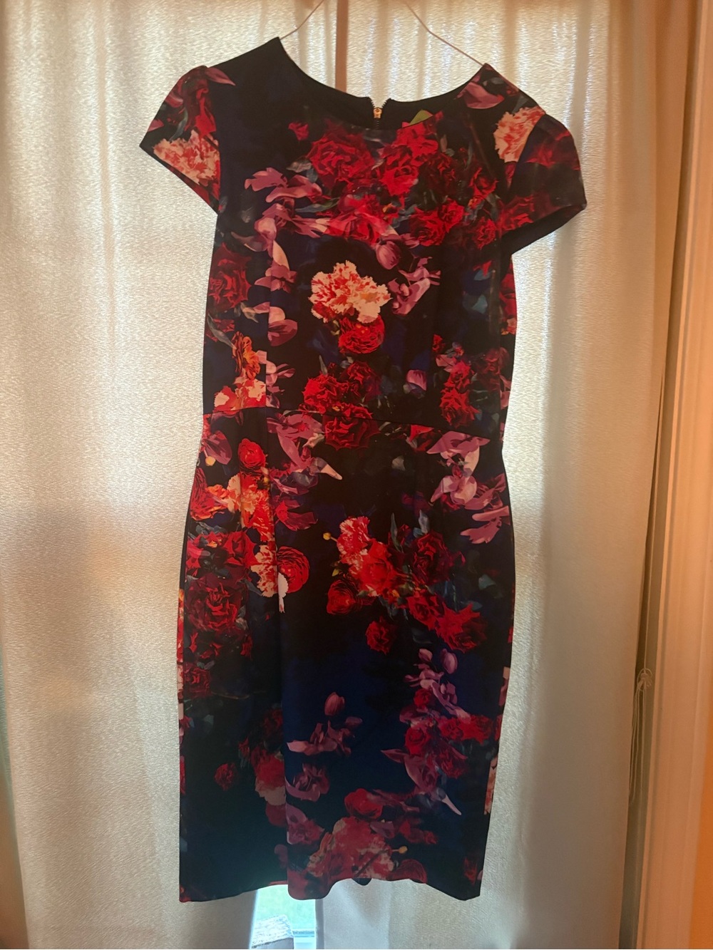 Floral Sheath Dress in Navy with Red Floral Print - Betsy Johnson